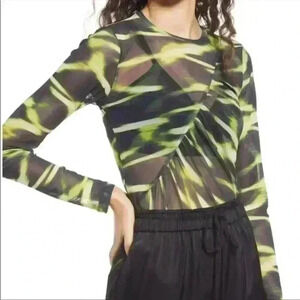 Open Edit Ruched Mesh Top in Green Thyme Lightstripe Size XXS NWT